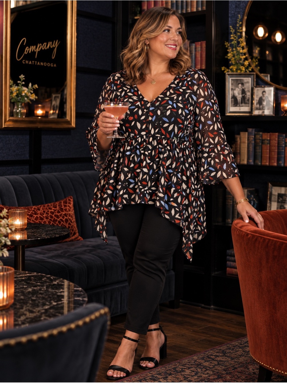 Lane Bryant Women Black Leaf Print Chiffon Babydoll Tunic Top 22/24 NEW